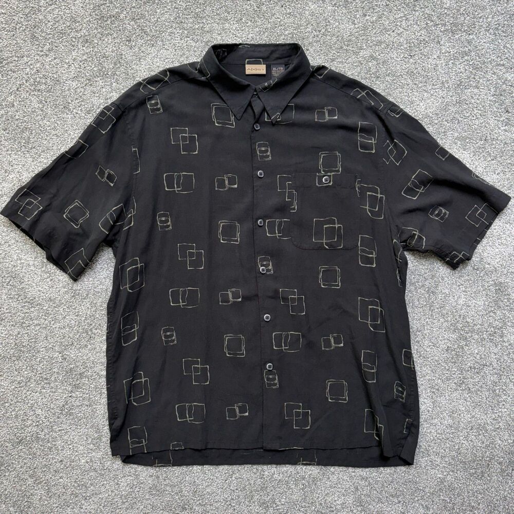 Vintage Axist 100% Silk Black Geometric Bowling Camp Hawaiian Button Shirt XL